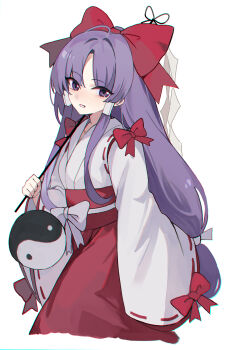 1girl :d bow commentary cowboy_shot gohei hair_bow hair_tubes hakama hakurei_reimu hakurei_reimu_(pc-98) highres holding holding_gohei japanese_clothes kani_nyan kimono long_hair long_sleeves looking_at_viewer miko open_mouth orb parted_bangs purple_eyes purple_hair red_bow red_hakama ribbon-trimmed_sleeves ribbon_trim simple_background smile solo touhou touhou_(pc-98) very_long_hair white_background white_bow white_kimono wide_sleeves yin_yang yin_yang_orb