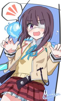 Rule 34 | 1girl, :d, absurdres, black ribbon, blue background, blunt bangs, blush, brown hair, commentary request, cowboy shot, eyepatch, eyes visible through hair, frilled skirt, frilled sleeves, frills, hands up, heaven burns red, highres, hiiragi kozue, hitodama, jacket, long sleeves, looking at viewer, medical eyepatch, medium hair, miniskirt, mok kan, neck ribbon, one eye covered, open mouth, plaid clothes, plaid skirt, purple eyes, red skirt, ribbon, signature, simple background, skirt, smile, solo, speech bubble, spoken blush, sweater vest, two-tone background, v-shaped eyebrows, white background, yellow jacket, yellow sweater vest