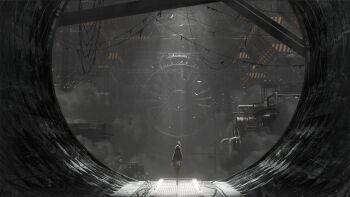 1girl abandoned absurdres black_hair commentary english_commentary flock from_behind highres indoors industrial_pipe long_hair lucia_(pgr) machinery punishing:_gray_raven science_fiction simple_bird solo standing turbine very_wide_shot zi_dianli_chang