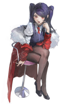1girl absurdres armband badosan21 bar_chair between_fingers black_pantyhose black_shoes chair cigarette coat collared_shirt commentary crossed_legs dress full_body fur-trimmed_coat fur-trimmed_jacket fur_trim hair_intakes hand_on_own_knee hashtag-only_commentary highres holding holding_cigarette jacket jacket_partially_removed jill_stingray leggings lobor long_sleeves looking_at_viewer necktie off_shoulder open_mouth pantyhose pinafore_dress puffy_sleeves purple_dress purple_hair red_coat red_eyes red_jacket red_necktie shirt shoes sidelocks simple_background sitting sleeveless sleeveless_dress smoke solo swept_bangs swivel_chair symbol-only_commentary twintails va-11_hall-a vest white_background white_shirt