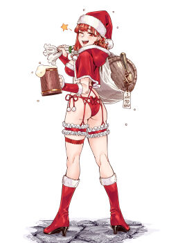 1girl ;d aihara_akito alcohol ass barrel beer bell_(aihara_akito) bikini boots capelet commentary_request drink frilled_thigh_strap from_behind full_body fur-trimmed_boots fur_trim hat high_heel_boots high_heels highres holding holding_drink holding_sack hood hood_down hooded_capelet looking_at_viewer looking_back one_eye_closed open_mouth orange_eyes orange_hair original pom_pom_(clothes) red_bikini red_boots red_hat red_hood sack santa_bikini santa_costume santa_hat side-tie_bikini_bottom simple_background smile solo standing star_(symbol) swimsuit tankard teeth thigh_strap upper_teeth_only white_background