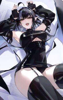 1girl absurdres armpits black_gloves black_hair black_sleeves black_thighhighs blue_hair breasts brown_eyes commentary detached_sleeves ear_piercing english_commentary fangs fingerless_gloves gloves halloween highres irene_(kanniiepan) kanniiepan looking_at_viewer lying medium_breasts mixed-language_commentary multicolored_hair on_back open_mouth original piercing short_hair smile solo thighhighs thighs two-tone_hair underboob vampire