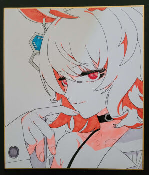 1girl agnes_tachyon_(umamusume) ahoge animal_ears black_choker choker coat collarbone commentary_request highres horse_ears horse_girl korean_commentary lab_coat looking_at_viewer marker_(medium) medium_hair parted_lips red_eyes sarcophage shikishi single_bare_shoulder solo traditional_media umamusume upper_body white_coat