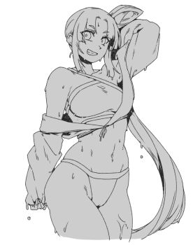 1girl bare_shoulders bikini breasts commentary_request fate/grand_order fate_(series) greyscale grin hair_bun jacket korean_commentary long_hair long_sleeves looking_at_viewer medium_breasts minew monochrome navel parted_bangs side_ponytail sidelocks single_side_bun smile solo swimsuit thighs ushiwakamaru_(fate) ushiwakamaru_(swimsuit_assassin)_(fate) ushiwakamaru_(swimsuit_assassin)_(first_ascension)_(fate) very_long_hair wet