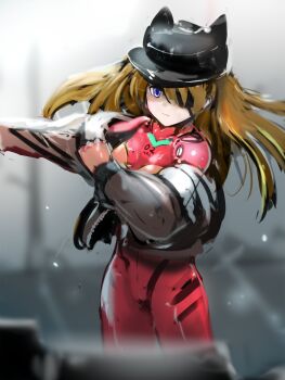 1girl animal_ear_headwear animal_ears black_hat black_jacket blue_eyes blurry blurry_background blurry_foreground bodysuit bodysuit_under_clothes breasts brown_hair closed_mouth commentary_request cowboy_shot dressing evangelion:_3.0_you_can_(not)_redo eyepatch fake_animal_ears hat highres jacket long_hair looking_at_viewer mecha_pilot_suit medium_breasts nekoita neon_genesis_evangelion plugsuit_(evangelion) putting_on_jacket rebuild_of_evangelion red_bodysuit shiny_clothes sketch solo souryuu_asuka_langley standing wide_hips