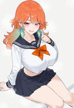 1girl absurdres alternate_costume arm_support black_sailor_collar black_skirt bluefield blush bow bowtie breasts crop_top crop_top_overhang cropped_shirt earrings feather_earrings feathers highres hololive hololive_english jewelry large_breasts long_hair long_sleeves looking_at_viewer midriff open_mouth orange_bow orange_bowtie orange_hair pleated_skirt purple_eyes sailor_collar school_uniform serafuku simple_background sitting skirt smile solo takanashi_kiara teeth upper_teeth_only virtual_youtuber white_background
