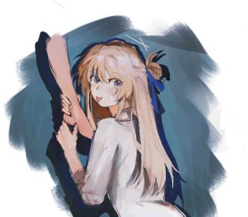 Rule 34 | 2girls, a1waguma, blue ribbon, blush, braid, brown hair, commentary, hair ribbon, half up braid, hashtag-only commentary, highres, holding another's foot, long hair, miyagi shiori, multiple girls, purple eyes, ribbon, sendai hazuki, shirt, shuuniichido classmate wo kau hanashi, tongue, tongue out, white shirt, yuri