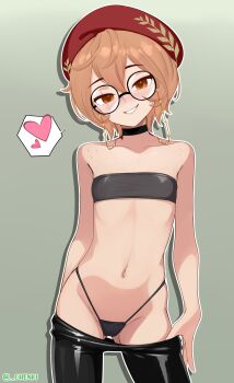 1girl absurdres beret breasts chenki_(chenki) choker clio_aite glasses hat heart highres navel panties pants phase_connect round_eyewear small_breasts smile solo spoken_heart underwear virtual_youtuber