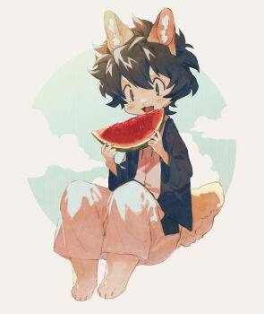 1boy animal_feet black_hair black_jacket body_fur claws cloud commentary_request digitigrade dog_boy fang food fruit fuji_166 full_body furry furry_male hands_up highres holding holding_food holding_fruit invisible_chair jacket male_focus original short_hair sitting skin_fang solo tail watermelon watermelon_slice yellow_fur