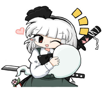 1girl black_bow black_bowtie bow bowtie cherry_blossom_print chibi chibi_only commentary_request cowboy_shot dot_nose facing_viewer floral_print flower green_skirt hair_ribbon heart hug konpaku_youmu konpaku_youmu_(ghost) kuuinusuki long_sleeves notice_lines one_eye_closed perfect_cherry_blossom red_eyes ribbon shirt simple_background skirt solo standing sword sword_on_back touhou triangle_mouth weapon weapon_on_back white_background white_hair white_shirt