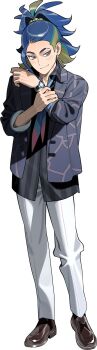 Rule 34 | 1boy, 987645321o, adaman (palentine's 2026) (pokemon), adaman (pokemon), black shirt, blue hair, blue necktie, closed mouth, collared shirt, eyebrow cut, full body, green hair, grey eyes, hashtag-only commentary, highres, jacket, long hair, male focus, multicolored hair, necktie, nintendo, official alternate costume, open clothes, open jacket, pants, pokemon, pokemon masters ex, ponytail, shirt, shoes, simple background, smile, solo, watch, white background, white pants, wristwatch