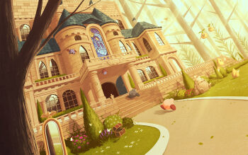 5health batty_(kirby) building bush castle chip_(kirby) column commentary_request flower foley_(kirby) full_body golem golem_(kirby) grass highres kirby kirby_&amp;_the_amazing_mirror kirby_(series) leaf looking_back mirror nintendo no_humans open_door open_mouth outdoors path pillar road shadow_kirby sitting sleeping smile soarar stained_glass star_(symbol) treasure_chest tree window