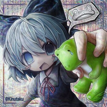 1girl :d animal blue_dress blue_eyes blue_hair blush_stickers bow cirno collared_shirt commentary_request dress fang foreshortening frog glitch_art hair_bow highres holding holding_animal holding_frog kinutaku open_mouth pinafore_dress pixelated shirt short_sleeves sleeveless sleeveless_dress smile solo spoken_expression tears touhou twitter_username