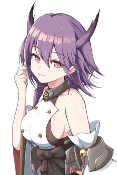 animal_ears azur_lane bell black_skirt breasts buttons degawa1121 fingernails highres jingle_bell junyou_(azur_lane) long_sleeves looking_at_viewer low_ponytail ponytail purple_hair red_eyes skirt smile solo white_background