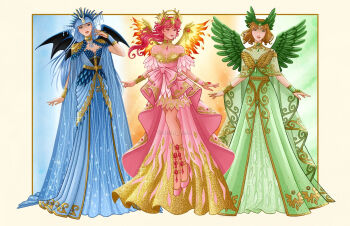 3girls alternate_costume alternate_hairstyle artist_name bat_wings blonde_hair blue_dress blue_eyes blue_hair blue_wings bracelet brown_lips closed_mouth commentary dress english_commentary fiery_wings full_body gold_bracelet gold_choker gold_headdress green_dress green_eyes green_wings hand_up highres hououji_fuu jewelry leaf_wings magic_knight_rayearth multiple_girls pink_dress pink_hair pink_shoes red_eyes red_lips ryuuzaki_umi shidou_hikaru shoes short_hair straight_hair wings