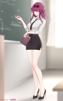 1girl alternate_costume artist_name bare_legs black_necktie black_shoes black_skirt blurry blurry_background book breasts chalkboard classroom closed_mouth collared_shirt eyewear_on_head full_body glasses high_heels highres holding holding_book holding_pointer honkai:_star_rail honkai_(series) indoors kafka_(honkai:_star_rail) large_breasts legs long_hair looking_at_viewer nail_polish necktie no_pupils paid_reward_available patent_heels pencil_skirt pince-nez pointer pumps purple_eyes purple_hair purple_nails round_eyewear shirt shirt_tucked_in shoes skirt smile solo standing stiletto_heels sunglasses teacher white_shirt yunkaiming