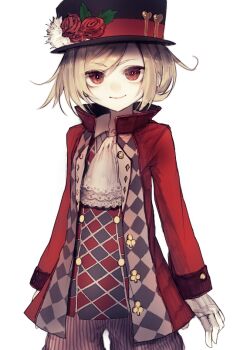 Rule 34 | 1girl, arm at side, blonde hair, blouse, bob cut, brown pants, buttons, closed mouth, coat, commentary request, flat chest, flower, frills, gloves, hair between eyes, hat, high collar, lace, leaf, long coat, long sleeves, looking at viewer, messy hair, open clothes, open coat, original, pants, petite, pinstripe pattern, popped collar, portrait, red coat, red eyes, red theme, riuichi, rose, shirt, short hair, sidelocks, simple background, skinny, smile, solo, solo focus, standing, striped clothes, striped pants, swept bangs, top hat, upper body, vertical-striped clothes, white background, white gloves