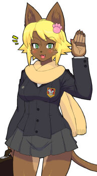 Rule 34 | animal ears, blonde hair, cat ears, cat tail, fang, furry, green eyes, hair ornament, kemonon, open mouth, scarf, school uniform, simple background, tail
