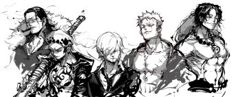 5boys chest_tattoo chinese_commentary cigar coat collared_shirt commentary crocodile_(one_piece) greyscale hair_over_one_eye hat highres holding holding_sword holding_weapon japanese_clothes jewelry kimono looking_at_viewer male_focus monochrome multiple_boys necklace necktie one_piece pearl_necklace portgas_d._ace roronoa_zoro sanji_(one_piece) shirt short_hair simple_background stitched_face stitched_torso stitches sword tattoo topless_male trafalgar_law upper_body weapon yuan_jessie0430