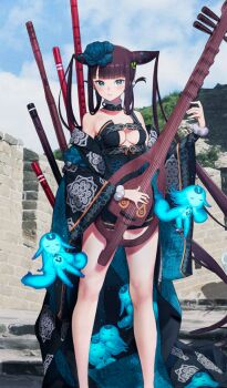 1girl bare_legs bare_shoulders black_dress blue_eyes blue_flower blue_sky blunt_bangs breasts brown_hair chinese_clothes cleavage cleavage_cutout closed_mouth clothing_cutout clothing_request cloud commentary creature day detached_collar dress elemental_(creature) familiar fate/grand_order fate_(series) feet_out_of_frame fire_elemental flower flute fur-trimmed_collar fur-trimmed_sleeves fur_trim great_wall_of_china hair_flower hair_ornament holding holding_instrument instrument kuroboshi_kouhaku leaf_hair_ornament long_hair long_sleeves looking_at_viewer medium_breasts microdress music off_shoulder official_art open_clothes outdoors photo_background pipa_(instrument) playing_instrument sidelocks_tied_back sky smile solo standing strapless strapless_dress sunlight third-party_source train_(clothing) underboob very_long_hair wide_sleeves yang_guifei_(fate) yang_guifei_(tour_outfit)_(fate)