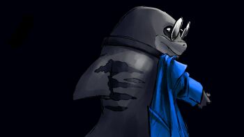 bespectacled better_call_saul black_background black_collar blue_jacket breaking_bad collar commentary creature creature_focus crossover english_commentary glasses highres jacket jacket_partially_removed jeff_(marvel) looking_at_viewer looking_back marvel marvel_rivals no_humans official_alternate_costume pocho22059768 round_eyewear scene_reference shark