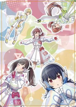 5girls arisugawa_natsuha black_hair blonde_hair blue_hair brown_hair controller fingerless_gloves gloves grin headphones houkago_climax_girls_(idolmaster) idol_clothes idolmaster idolmaster_shiny_colors komiya_kaho morino_rinze multiple_girls official_art one_eye_closed open_mouth orange_hair outstretched_arms pointing ponytail red_eyes red_hair saijo_juri smile sonoda_chiyoko star_(symbol) twintails