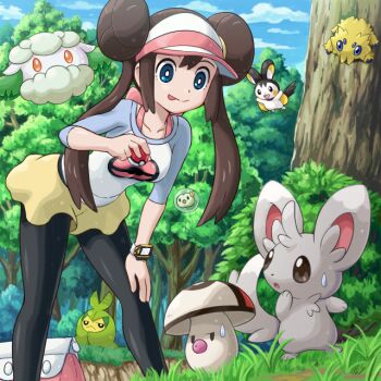 10s 1girl :d bag black_eyes black_pantyhose blue_eyes breasts brown_hair cottonee double_bun emolga foongus gen_5_pokemon grass hair_bun hand_on_own_knee joltik legs licking_lips long_hair medium_breasts minccino nintendo open_mouth orange_eyes pantyhose poke_ball poke_ball_print pokemoa pokemon pokemon_(creature) pokemon_bw2 rosa_(pokemon) shorts skirt smile solosis swadloon sweatdrop tongue tongue_out tree twintails visor_cap watch wristwatch