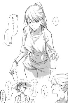 2girls absurdres alternate_hairstyle bang_dream! bang_dream!_it&#039;s_mygo!!!!! bikini blush breasts chihaya_anon collarbone commentary eyewear_on_head fang greyscale halterneck hat highres kanade_(kanade_3344) large_breasts midriff mole mole_under_eye monochrome multiple_girls navel parted_lips ponytail shiina_taki shirt short_sleeves sketch skin_fang spots sun_hat sweatdrop swimsuit tied_shirt translation_request