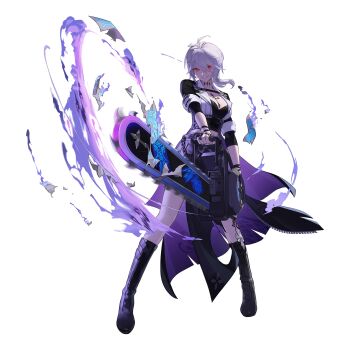 artist_request black_survival boots breasts chain chainsaw eternal_return:_black_survival fingerless_gloves gloves grin hair_between_eyes highres holding holding_chainsaw jackie_quilt midriff navel official_art red_eyes scar scar_on_face scar_on_nose smile solo standing third-party_source transparent_background white_hair