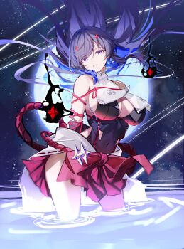 1girl absurdres arms_behind_back bare_shoulders bdsm black_gloves black_leotard blue_hair bondage bound bound_arms breast_curtains breasts chaos_zero_nightmare chizuru_(chaos_zero_nightmare) cleavage clothing_cutout commentary covered_navel cowboy_shot elbow_gloves floating_hair full_moon gloves hair_between_eyes hakama hakama_short_skirt hakama_skirt highres japanese_clothes large_breasts leotard looking_at_viewer mole mole_under_eye moon multicolored_hair nontraditional_miko parted_lips purple_eyes purple_hair red_hakama red_rope restrained rope shibari shimenawa sidelocks skirt solo sparks_summer standing wading water