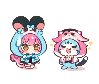 1girl 1other blue_bow blue_bowtie blue_capelet blue_hood blush bow bowtie breasts capelet chattino_(raora_panthera) chibi chibi_only cleavage closed_mouth comedic_sweatdrop commentary hashtag-only_commentary hololive hololive_english hood hooded_capelet nikoo open_mouth panther_girl panther_tail pink_hair pink_hood pink_tail raora_panthera simple_background smile sparkle symbol-only_commentary tail thighhighs virtual_youtuber white_background white_thighhighs yellow_eyes