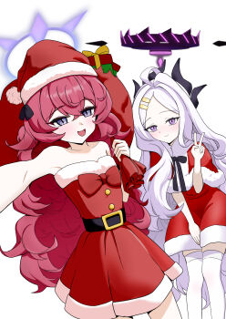 2girls absurdres ahoge armpits bare_shoulders belt black_belt black_halo blue_archive breasts capelet christmas commentary demon_girl demon_horns dress fur-trimmed_capelet fur-trimmed_dress fur-trimmed_headwear fur_trim gift halo hat highres hina_(blue_archive) horns iroha_(blue_archive) long_hair looking_at_viewer multiple_girls onae_kr purple_eyes red_capelet red_dress red_hair red_hat santa_costume santa_hat simple_background small_breasts standing strapless strapless_dress thighhighs v very_long_hair white_background white_hair white_thighhighs