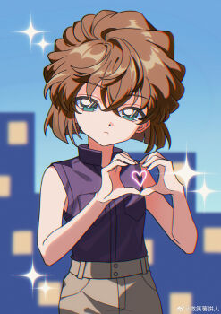 Rule 34 | 1girl, absurdres, bisho imobing hito, brown hair, commentary request, crossed bangs, expressionless, green eyes, grey shorts, haibara ai, head tilt, heart, heart hands, highres, looking at viewer, meitantei conan, purple shirt, shirt, short hair, shorts, sleeveless, sleeveless shirt, solo, upper body