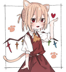 Rule 34 | 1girl, animal ears, ascot, blonde hair, cat ears, cat girl, cat tail, cowboy shot, dress, flandre scarlet, hand up, heart, nacht musik, open mouth, paw print, red dress, short hair, simple background, solo, tail, touhou, white background, yellow ascot