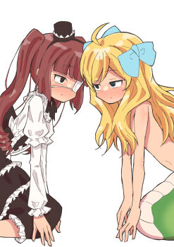 2girls ahoge apron blonde_hair blue_bow blush bow demon_girl dragon_tail eyepatch gothic_lolita hair_bow hanazono_yurine hat highres jashin-chan jashin-chan_dropkick kneeling lolita_fashion long_hair maid maid_apron medical_eyepatch mini_hat mini_top_hat multiple_girls red_hair tail top_hat topless_female twintails yuri yusuke457210439