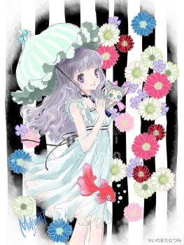 Rule 34 | 1girl, cat, commentary request, dress, flower, grey eyes, grey hair, highres, holding, holding umbrella, inomata mutsumi, long hair, looking at viewer, original, parasol, smile, solo, umbrella, wavy hair