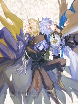 Rule 34 | 3boys, alternate form, antenna hair, armor, black eyes, blonde hair, blue eyes, boots, choker, clawed gauntlets, cracked skin, flame reaver of the deepest dark, highres, honkai: star rail, honkai (series), hood, jacket, latex, male focus, multiple boys, pale skin, pants, pauldrons, phainon (honkai: star rail), phainon (khaslana) (honkai: star rail), short hair, shoulder armor, single pauldron, sitting, spiked hair, strap, tailcoat, tanemaki monaka, thighs, watermark, white hair, yellow eyes