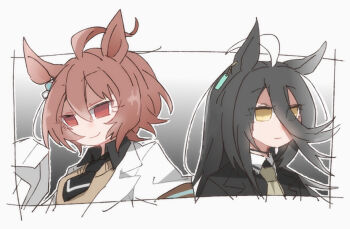 Rule 34 | 2girls, agnes tachyon (tach-nology) (umamusume), agnes tachyon (umamusume), ahoge, animal ears, beer hsk, black hair, black jacket, black shirt, brown eyes, brown hair, brown necktie, brown sweater, closed mouth, collared shirt, commentary request, cropped torso, grey background, hair between eyes, horse ears, jacket, lab coat, long sleeves, manhattan cafe (creeping shadow) (umamusume), manhattan cafe (umamusume), multicolored hair, multiple girls, necktie, open clothes, red eyes, shirt, sleeves past fingers, sleeves past wrists, smile, sweater, two-tone hair, umamusume, upper body, white hair