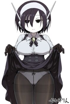 1girl android black_eyes black_pantyhose breasts brooch camekirin classic_lolita clothes_lift commentary_request empty_eyes greyscale hair_between_eyes hair_over_one_eye hairband jewelry large_breasts lifting_own_clothes lolita_fashion medium_hair monochrome original pale_skin panties panties_under_pantyhose pantyhose pantyshot simple_background skirt skirt_lift thigh_gap underwear white_background
