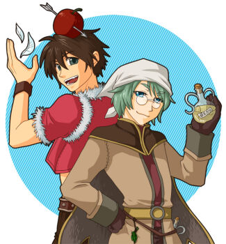 2boys alchemist_(ragnarok_online) apple_on_head arrow_through_apple blue_eyes brown_coat brown_gloves brown_hair closed_mouth coat commentary_request flask fur-trimmed_shirt fur_trim glasses gloves green_hair grey_eyes headscarf holding holding_flask leaf looking_at_viewer male_focus multiple_boys open_mouth pince-nez potion ragnarok_online red_shirt rogue_(ragnarok_online) shirt short_hair short_sleeves smile takeru white_headscarf