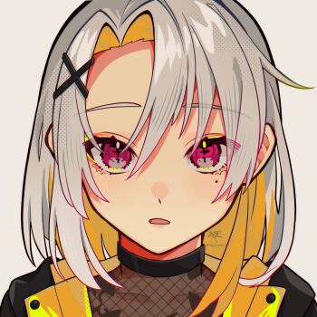 1girl absurdres amenochi_hare androgynous black_jacket black_shirt blonde_hair borrowed_character colored_inner_hair commission curtained_hair eyeliner fishnet_top fishnets grey_background grey_hair hair_ornament highres jacket looking_ahead looking_at_viewer makeup medium_hair mole mole_under_eye multicolored_hair orange_hair original parted_lips pink_eyes portrait second-party_source shirt side_part signature simple_background skeb_commission solo straight-on white_hair x_hair_ornament yellow_eyeliner yellow_trim