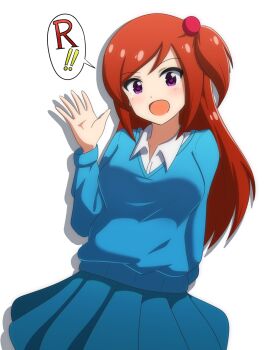 1girl arm_behind_back blue_skirt blue_sweater_vest brown_hair hair_bobbles hair_ornament highres jikkyou_powerful_pro_yakyuu looking_at_viewer mori_tomoko okutanro one_side_up open_mouth power_pro_kun_pocket power_pro_kun_pocket_8 purple_eyes shirt skirt solo speech_bubble sweater_vest waving white_background white_shirt