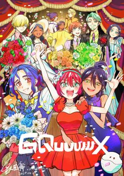 5girls 6+boys amate_yuzuriha amuro_ray aqua_eyes beard bindi black_hair blonde_hair blue_dress blue_eyes blue_hair blush breasts brown_hair challia_bull char's_counterattack char_aznable closed_mouth collared_shirt colored_inner_hair comoli_harcourt conch_(gundam) copyright_name dark-skinned_female dark_skin double_bun dress dual_persona facial_hair flower forehead formal_clothes green_eyes green_hair gundam gundam_gquuuuuux hair_bun hair_over_one_eye haro hat highres holding jacket lalah_sune long_hair long_sleeves looking_at_viewer mecha_pilot_suit mole mole_under_eye mole_under_mouth multicolored_hair multiple_boys multiple_girls mustache necktie normal_suit_(gundam) nyaan_(gundam_gquuuuuux) open_mouth purple_hair red_dress red_eyes red_hair science_fiction shirouzu_(gundam) shirt short_hair short_sleeves shuji_ito sleeveless smile suit sunglasses tsudzumiya_mare two-tone_hair xavier_olivette yellow_dress yellow_eyes