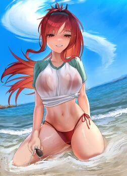 Rule 34 | 1girl, aqua hairband, beach, bikini, bikini under clothes, blue sky, breasts, cloud, curvy, day, floating hair, goddess of victory: nikke, grin, hairband, high ponytail, highres, holding, holding removed eyewear, kneeling, large breasts, long hair, navel, ocean, official alternate costume, outdoors, ponytail, rapi (nikke), rapi (red hood) (nikke), rapi (red hood) (red flavor) (nikke), red bikini, red eyes, red hair, shiny skin, shirt, side-tie bikini bottom, sky, smile, solo, stomach, swimsuit, syde b, teeth, thighs, thong, thong bikini, tied shirt, unworn eyewear, very long hair, water, wet, wet clothes, wet shirt, wide hips