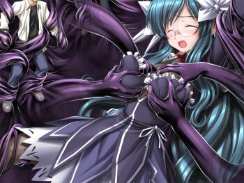 1girl 2boys blue_hair blush bow breasts breasts_squeezed_together closed_eyes covered_erect_nipples dress fishnets game_cg glasses grabbing_another's_breast groping hetero higuchi_isami imminent_rape large_breasts large_variant_set long_hair magical_girl mahou_shoujo_sae monster multiple_boys nishijima_shouko non-web_source official_art open_mouth pantyhose restrained ribbon rimless_eyewear slime_(substance) solo_focus tentacles variant_set very_long_hair