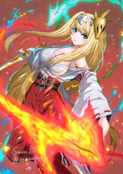 1girl :| abstract_background absurdres alice_zuberg alternate_costume artist_name belt black_belt blonde_hair blue_eyes braid braided_ponytail breasts cleavage closed_mouth collarbone commentary_request flip-flops fragrant_olive_sword full_body grey_sandals hairband hakama hakama_pants highres hitodama holding holding_sword holding_weapon japanese_clothes kosode large_breasts long_hair long_sidelocks long_sleeves making-of_available multiple_belts off_shoulder paid_reward_available pants partially_open_kosode red_hakama red_pants red_ribbon ribbon ribbon-trimmed_sleeves ribbon_trim sandals sawa_d sidelocks signature single_bare_shoulder socks solo sword sword_art_online sword_art_online:_alicization tabi twitter_username v-shaped_eyebrows watermark weapon white_hairband white_kosode white_socks wide_sleeves