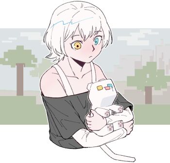 1girl animal animalization bang_dream! bang_dream!_it's_mygo!!!!! black_shirt blue_eyes cat closed_mouth commentary english_commentary expressionless falcorusti heterochromia holding holding_animal holding_cat kaname_raana layered_sleeves long_sleeves medium_hair minecraft off-shoulder_shirt off_shoulder shirt short_over_long_sleeves short_sleeves solo tree white_cat white_hair yellow_eyes