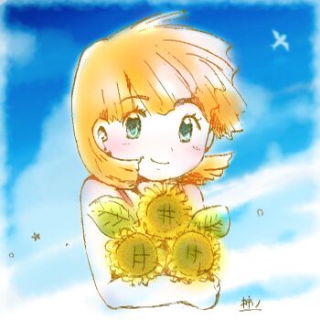 1girl aircraft airplane aqua_eyes bad_id bad_pixiv_id bare_arms bare_shoulders bird blue_eyes blue_sky blunt_bangs blush border closed_mouth cloud day dress earrings eyelashes flower green_eyes happy holding holding_flower jewelry looking_at_viewer misty_(pokemon) nintendo orange_hair outdoors pokemon pokemon_adventures short_hair sky sleeveless smile solo sunflower upper_body water_drop white_border wind