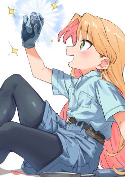 +_+ 1girl :d belt black_belt black_pantyhose blue_gemstone blue_shirt blue_shorts blush commentary feet_out_of_frame from_side gem green_eyes highres holding holding_gem long_hair open_mouth orange_hair pantyhose pantyhose_under_shorts parted_bangs profile ruri_no_houseki shinshin_(ssnsn_oekaki) shirt short_sleeves shorts simple_background sitting smile solo sparkle tanigawa_ruri very_long_hair white_background