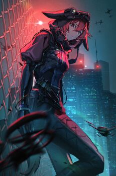 1girl animal_ears arknights armor black_bodysuit black_gloves black_pants bodysuit chain-link_fence commentary crownslayer_(arknights) crownslayer_(the_dark_night_terminator)_(arknights) drone feet_out_of_frame fence from_below frown gloves hashtag-only_commentary highres hood hood_up hyena_ears hyena_girl hyena_tail juhuacha looking_at_viewer looking_down night night_sky outdoors pants parted_lips puffy_sleeves red_eyes red_hair short_hair sky solo